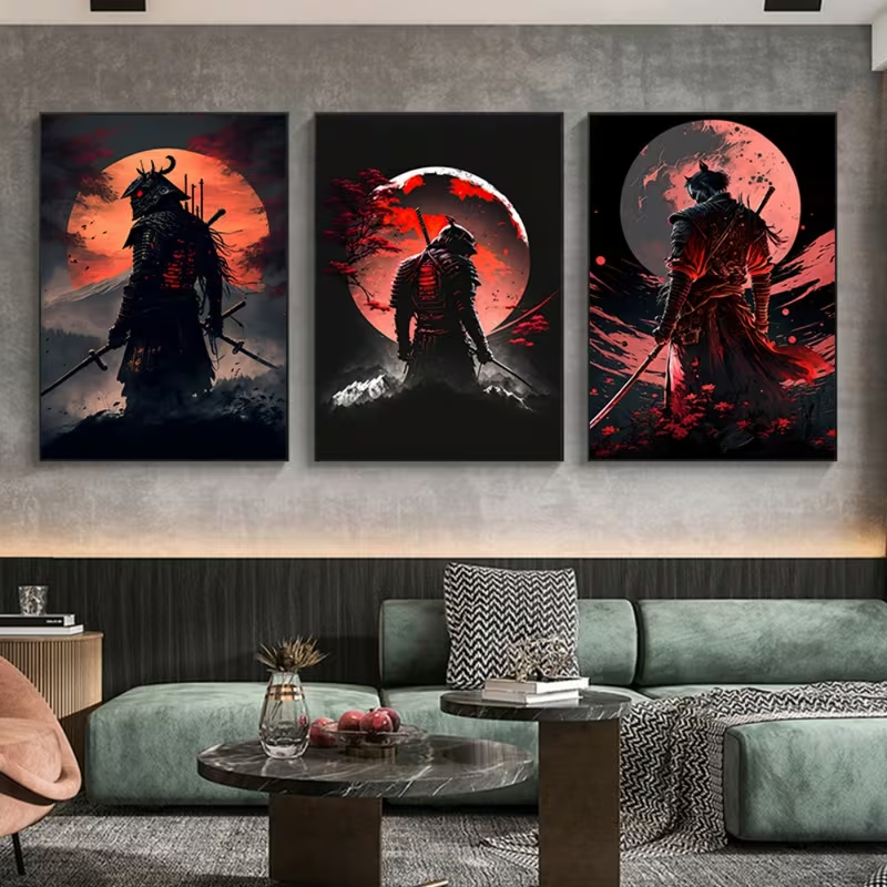 Conjunto 3 Quadros Grandes Katana e Ninja Arte Sombria Decoração Moderna Oferta Japonês Oriental