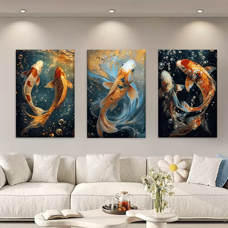 Kit 3 Quadros Decorativos Peixes Carpa Koi Luxo Arte Oriental Carpas Douradas Sem Furar Parede