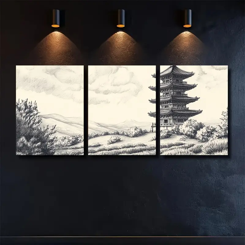 Kit 3 Quadros Oriental Grafite. Luxo e Zen. Edição Limitada. Garanta o Seu Agora! Templo e Paisagem