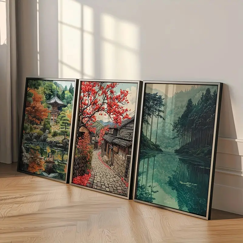 Kit 3 Quadros Oriental e Natureza. Desejo e Elegância. Edição Limitada. Mosaico Casa Japonesa e Lago