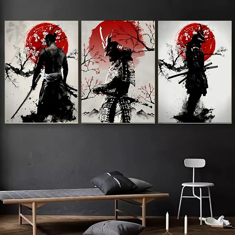 Kit 3 Quadros Samurai Japão Sol Vermelho Decoração Sala Arte Japonesa Guerreiro Katanas Oriental
