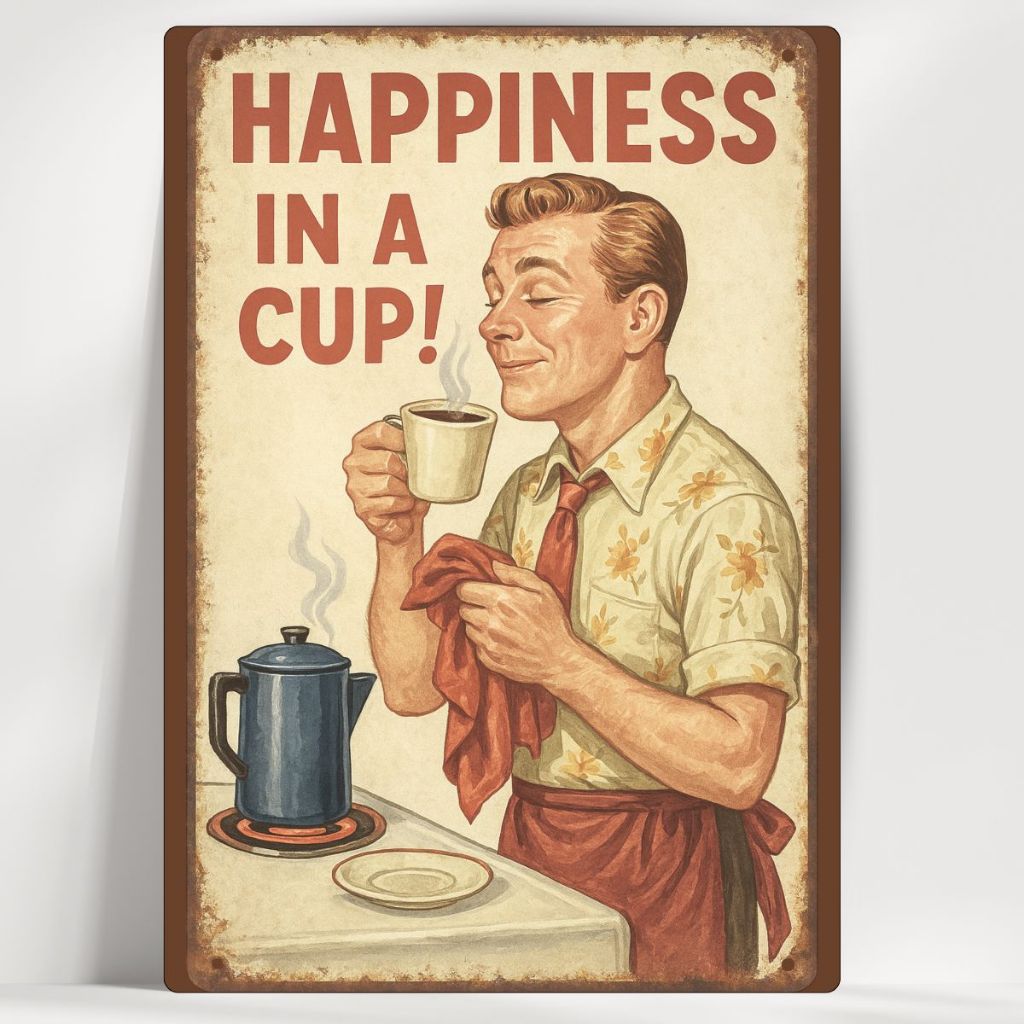 Quadro Decorativo Cantinho do Café Vintage - Happiness in a Cup - Em MDF - com fita