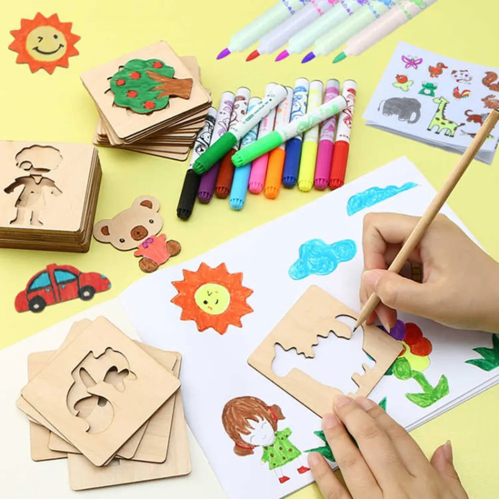 20Pcs Kids Drawing Template Toys/Creative DIY Painting Wooden Stencils/Planta De Animais Bonitos Quebra-Cabeças De Artes