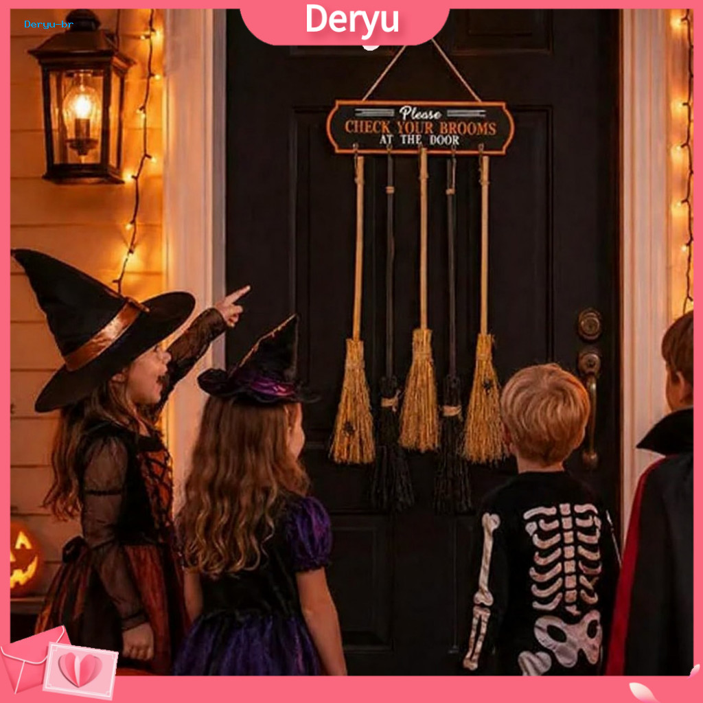 Wooden Witch Broom Decor Outdoor Halloween Wall Hanging Parking Sign with Hooks Indoor Front Porch Spooky for Southeast
