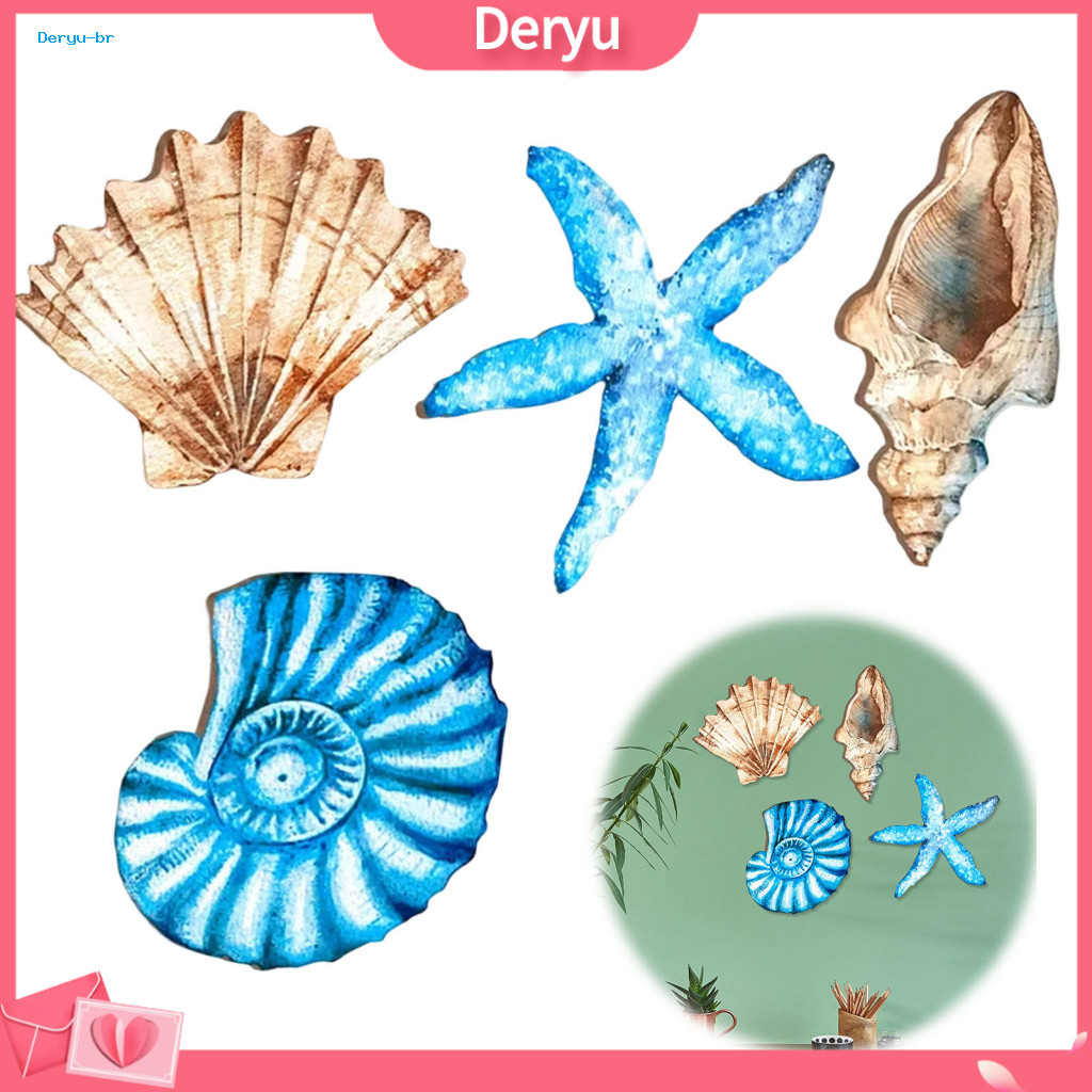 Starfish and Conch Wall Hanging 4pcs Coastal Decor Set – Wooden Seashell Art for Beach House Bathroom Living Room Trop