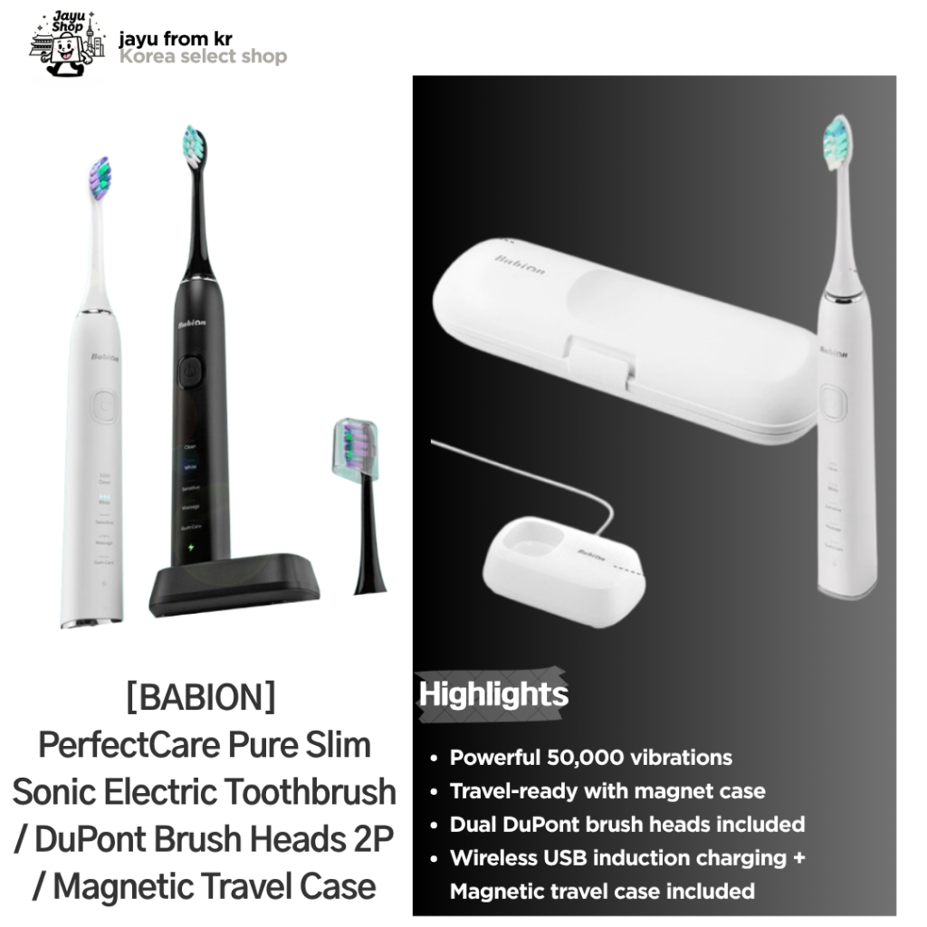 [BABION] Escova De Dentes Elétrica PerfectCare Pure Slim Sonic | Cabeças De DuPont 2P Poderoso 50.000 VPM IPX7 À Prova D