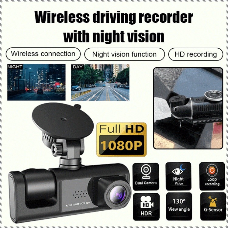 Gravador de vídeo para carro com câmera tripla para vigilância frontal, sem fio e com visão noturna.