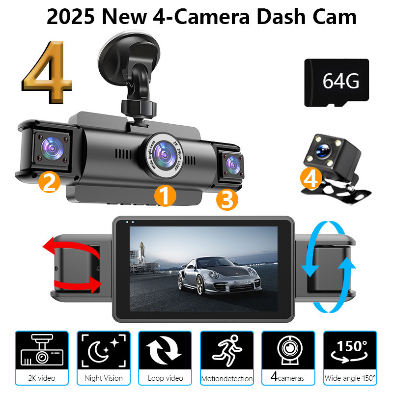 Nova Câmera Traço 2K HD De 4 Canais Com WiFi , Visão Noturna Infravermelha , Reversa Gravador De Carro De Vídeo