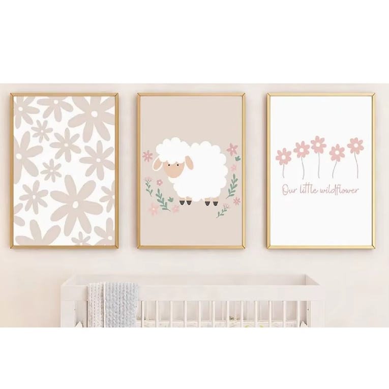 Quadros decorativos Baby, Kids Room Decor, Cartoon Coelho, Ganso, Ovelha, Flor (3 peças)