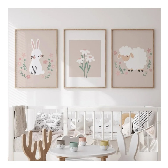 Quadros decorativos for Baby, Kids Room Decor, Cartoon Coelho, Ganso, Ovelha, Flor (3 peças)