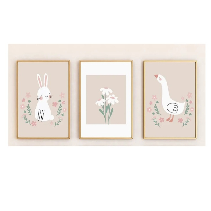 Quadros decorativos for Baby, Kids Room Decor, Cartoon Coelho, Ganso, Ovelha, Flor (3 peças)
