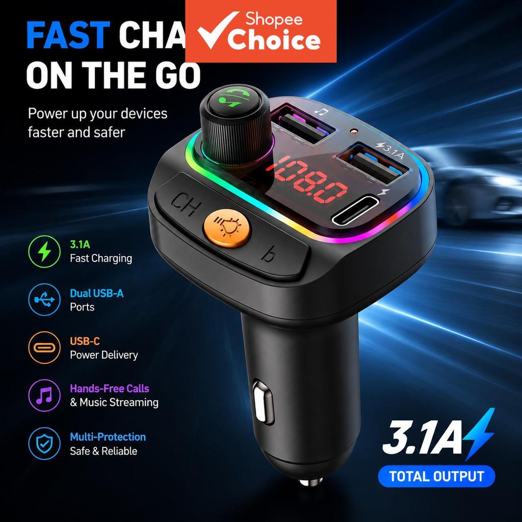 Transmissor FM Para Carro Bluetooth 5.0 Dual USB Fast-Charge MP3 Player Flash-Drive Port Eletrônicos Automotivos