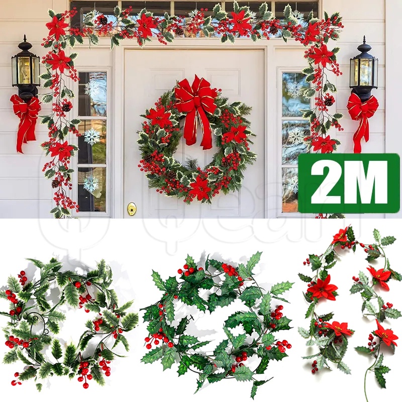 2M Artificial Natal Bagas Vermelhas Folha Maple Vine Garland/Enrolamento Rattan Folhagem DIY Grinalda/Porta Janela Mesa