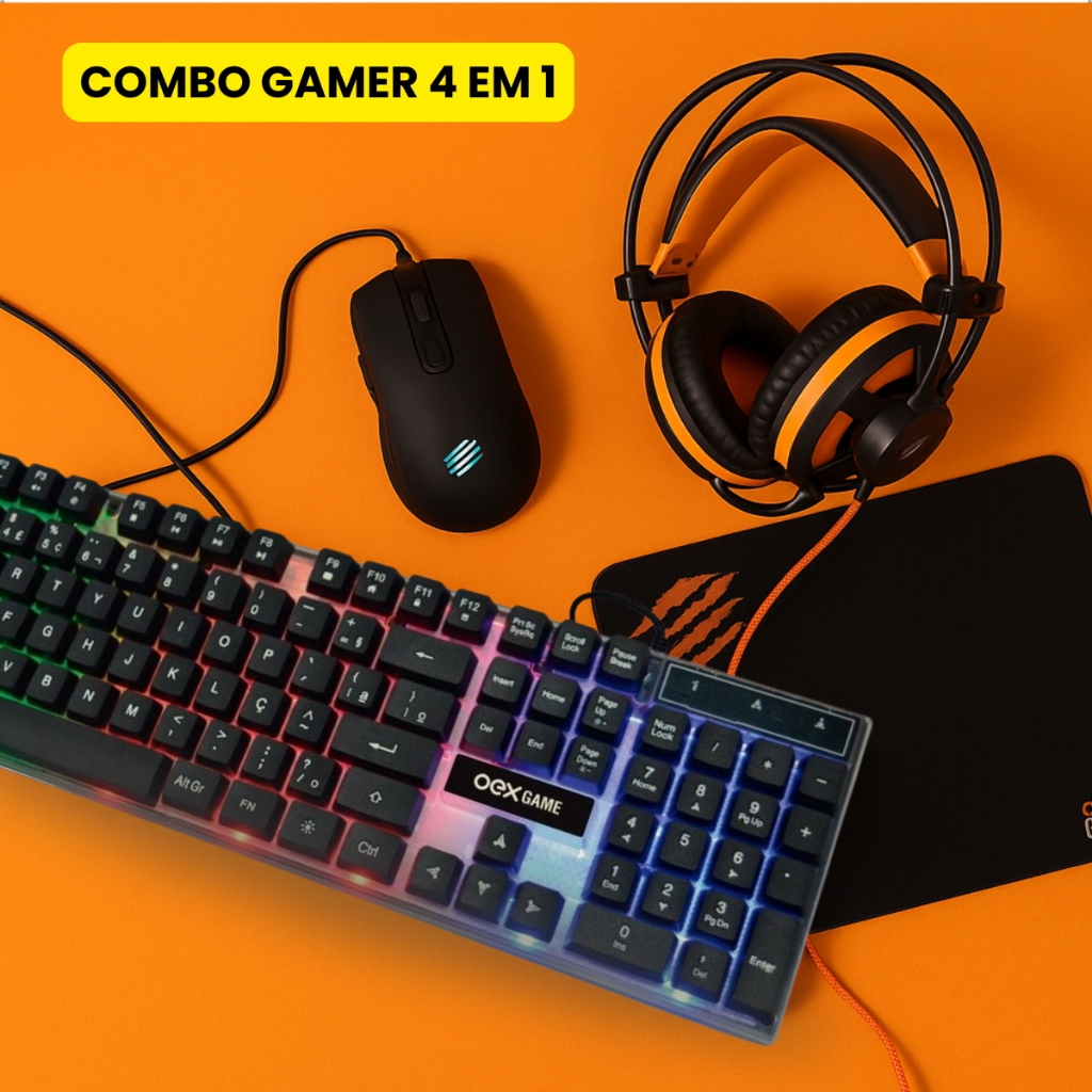 Combo Gamer 4 em 1 OEXGAME Argos Headset 7.1Teclado Rainbow ABNT2 Mouse 2400 DPI e Mousepad Speed
