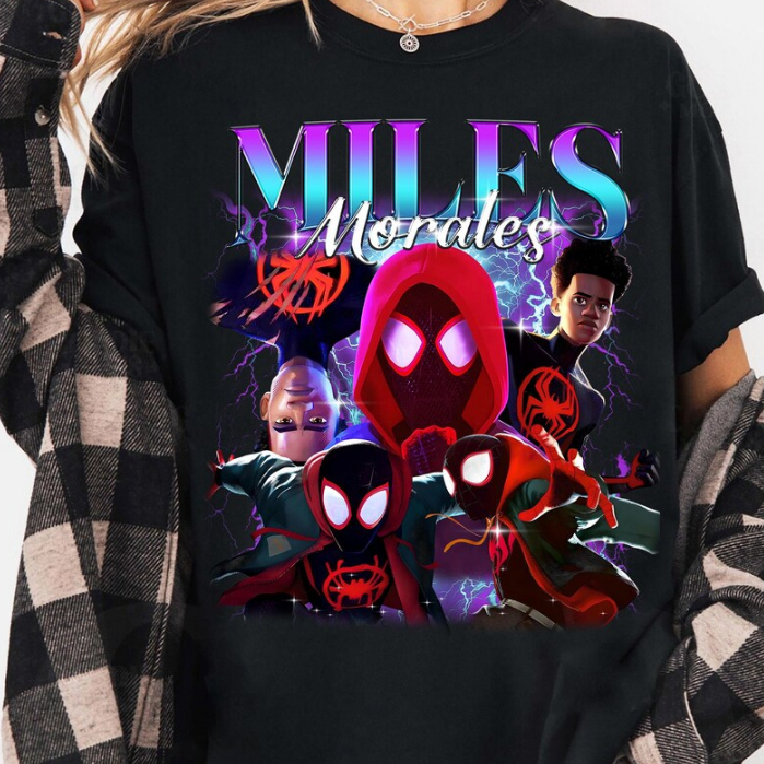 Camiseta Unissex Algodão Estampada Infantil e Adulto Bootleg Streetwear Miles Morales Homem Aranha