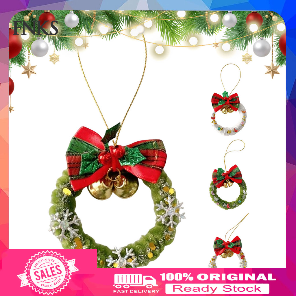 Christmas Tree Hanging Decorations Holiday Party Decor Supplies Mini Wreath Ornament with Plaid Bow Metal Bells Handmade
