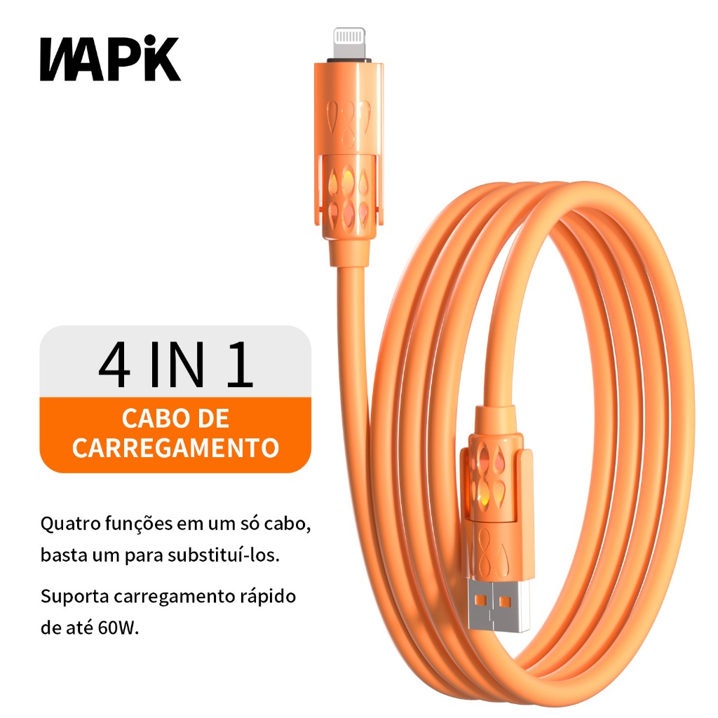 WAPIK Com Aroma 1.5 Meter 4-in-1 60W Fast Charging Cable, Compatible with Android, Apple, Type-C and Lightning.