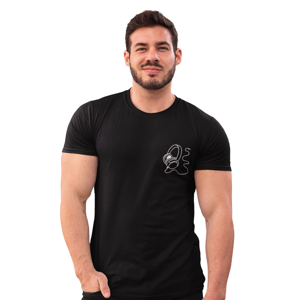 Camiseta Masculina 100% Algodão Preta Estampa Minimalista Fone Music Minimalist