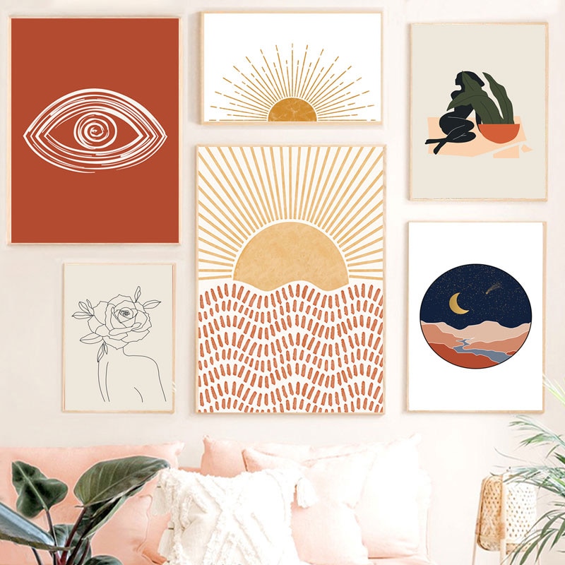 Bohemian sun and moon abstract canvas poster minimalist bedroom decoration