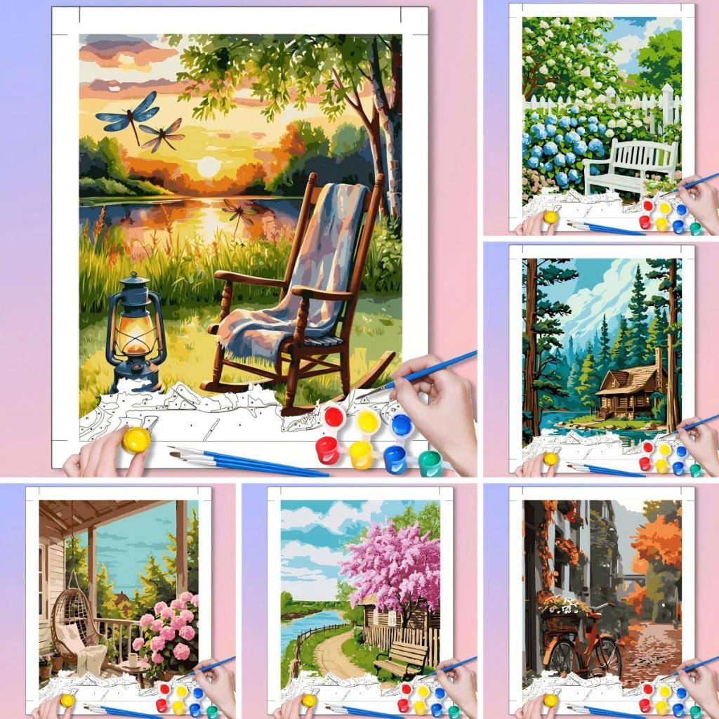 ACANDLY DIY Paint by Number Kit 30x40cm Com Moldura , Spring Cottage & Blossom Tree Coloring Set , Arte Em Tela Feita À