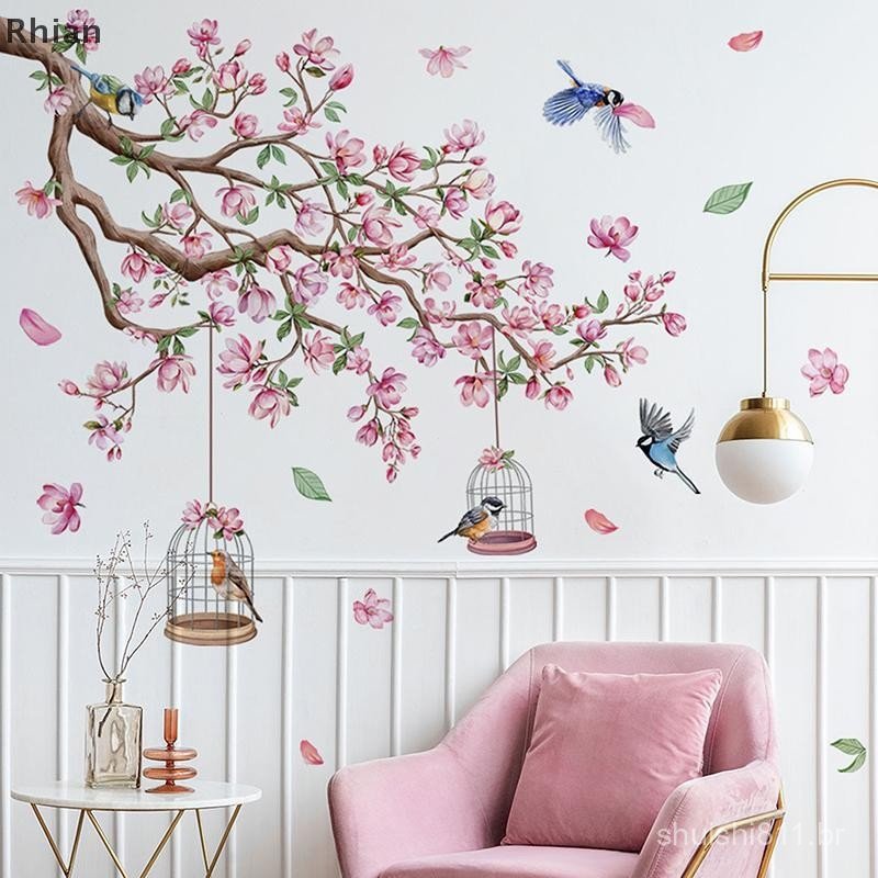 [Rhian] Pink Peach Blossom Bird Wall Stickers PVC Self-Adhesive Bedroom Living Room Art Deco Decal DIY Decoration