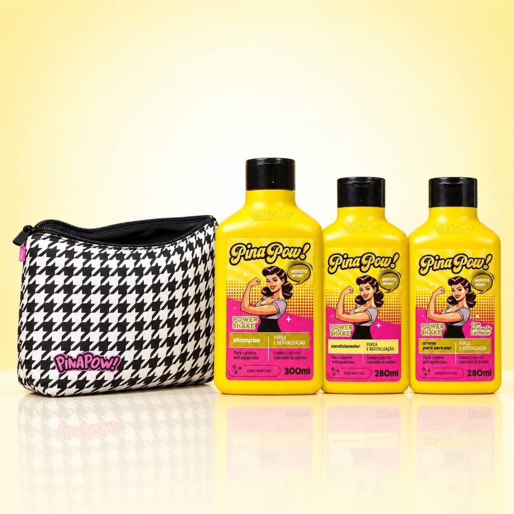 Kit PinaPow Power Shake | Shampoo + Condicionador + Creme de Pentear + Necessaire Estrela | Força, Nutrição e Brilho