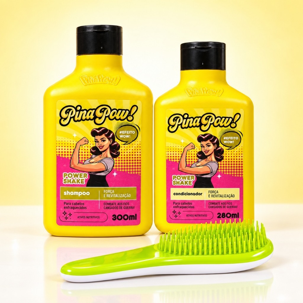 Kit Pinapow Power Shake | Shampoo + Condicionador + Escova | Força, Hidratação, Nutrição, Maciez e Brilho