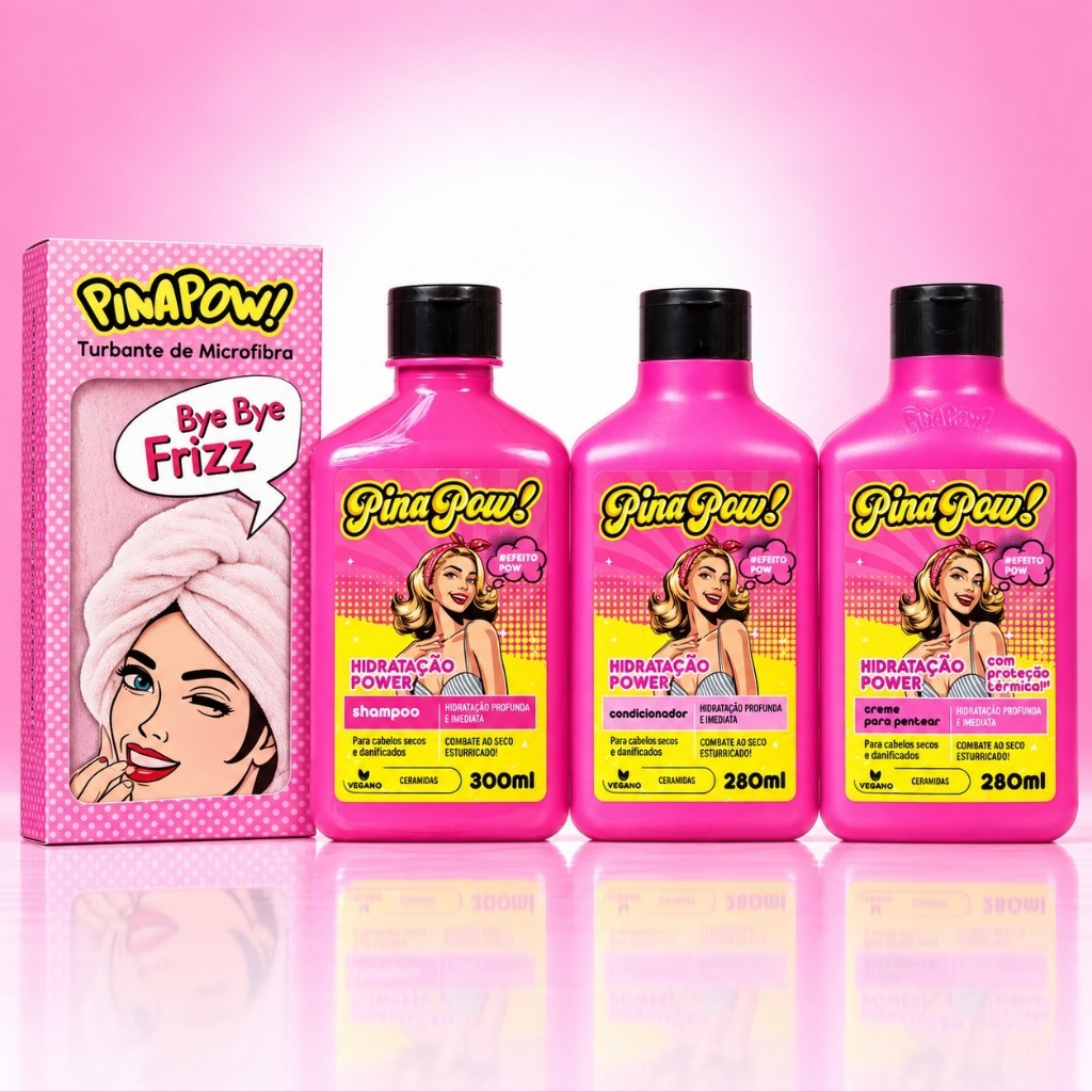Kit Pinapow Hidratação Power Completo | Shampoo + Condicionador + Creme + Máscara + Turbante | Hidratação Profunda