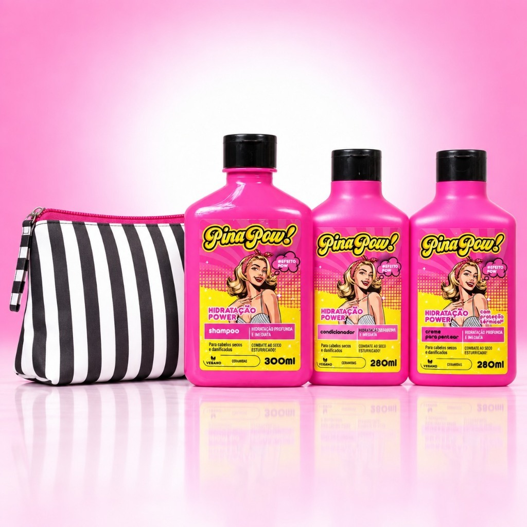 Kit Pinapow Hidratação Power | Shampoo + Condicionador + Creme de Pentear + Necessaire | Hidratação e Reparação