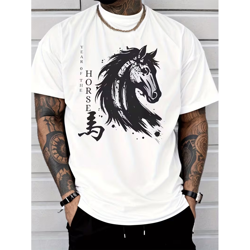 Camiseta Oversized T-shirt Horse Head Chinese Character Year Horse Pattern Street Style Confortável Estilosa Moderna Cas