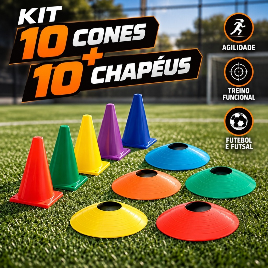 Kit 10 Cones + 10 Chapéus Treino Funcional Agilidade Futebol