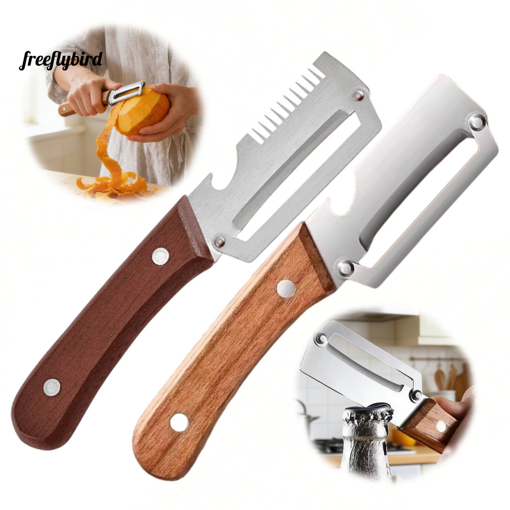 Wooden Handle Vegetable Peeler Stainless Steel 2pcs Multifunctional Set with Ergonomic Blade Bottle Opener for Home