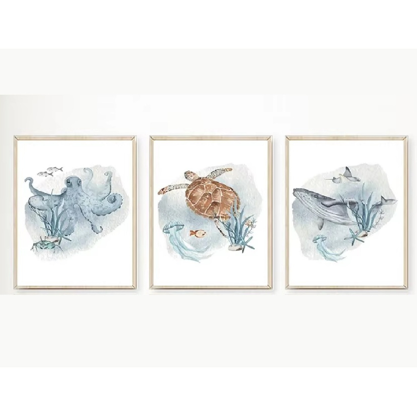 Quadros decorativos Baleia, peixe, tubarão, polvo, tartaruga, animais marinhos (3 peças)