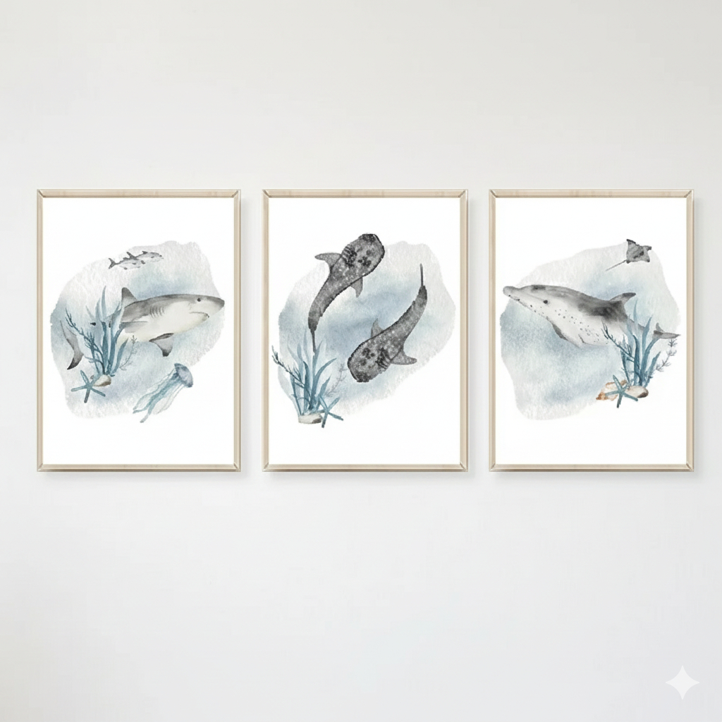 Quadros decorativos Baleia, peixe, tubarão, polvo, tartaruga, animais marinhos (3 peças)