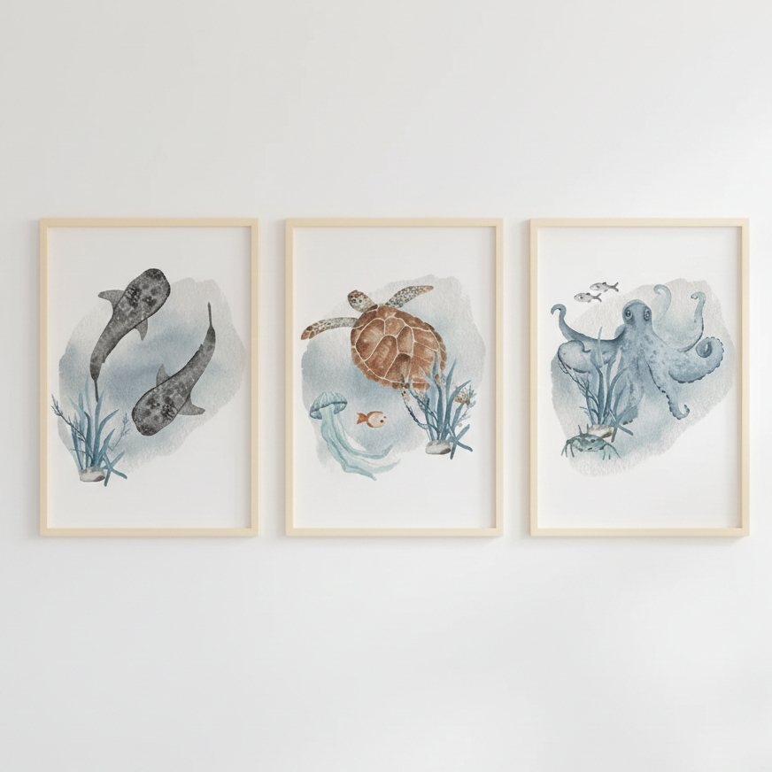 Quadros decorativos Baleia, peixe, tubarão, polvo, tartaruga, animais marinhos (3 peças)