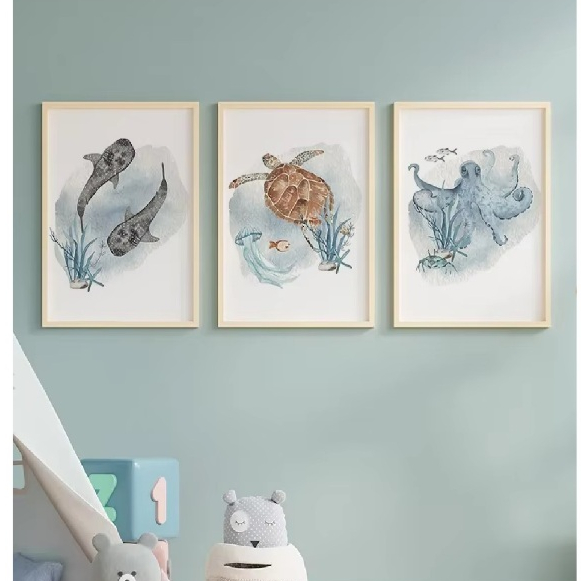 Quadros decorativos Baleia, peixe, tubarão, polvo, tartaruga, animais marinhos (3 peças)