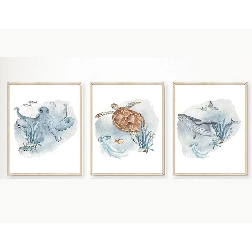 Quadros decorativos Baleia, peixe, tubarão, polvo, tartaruga, animais marinhos (3 peças)