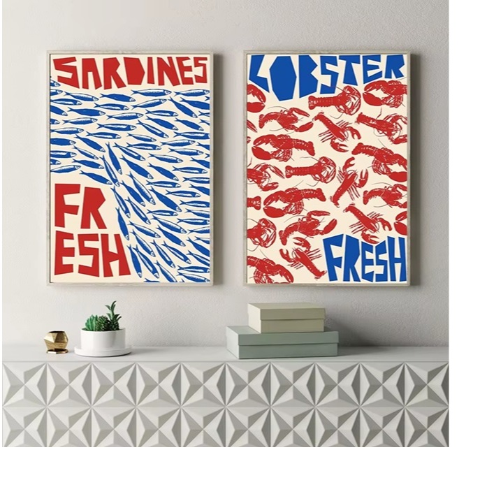 Quadros decorativos Colorido sardinha lagosta caranguejo peixe oceano animal (2 peças)