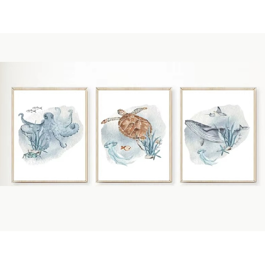 Quadros decorativos Baleia, peixe, tubarão, polvo, tartaruga, animais marinhos (3 peças)