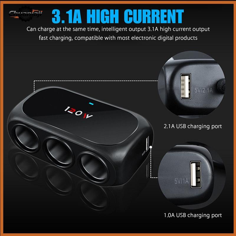Chuaniaji 3 Soet Divisor De Carro Dual USB LED Carregador Rápido Para 120W 12V 24V Adaptador De GPS Dashcam BR