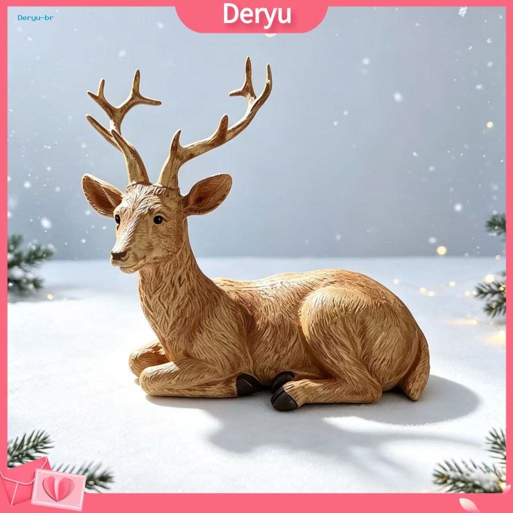 Wood Grain Craft Accents Sleeping Deer Figurines Vintage Christmas Reindeer Figurine Faux Resin Statue Holiday Tabletop