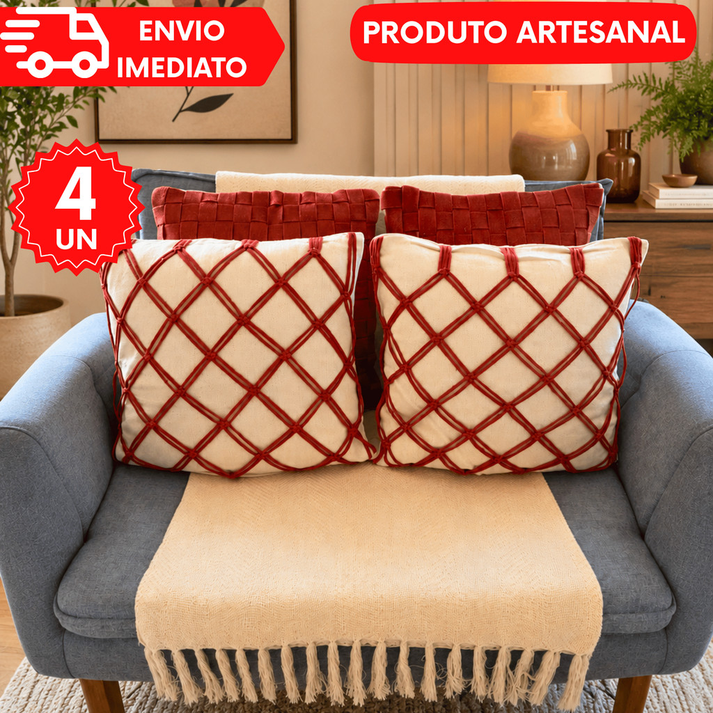 Capa de Almofada Macrame Cru 45x45cm Algodão Artesanal Decoração Boho Trama Natural HandMade