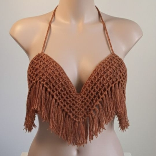 Top Cropped Crochê Boho Franjas Halter Terracota - Handmade