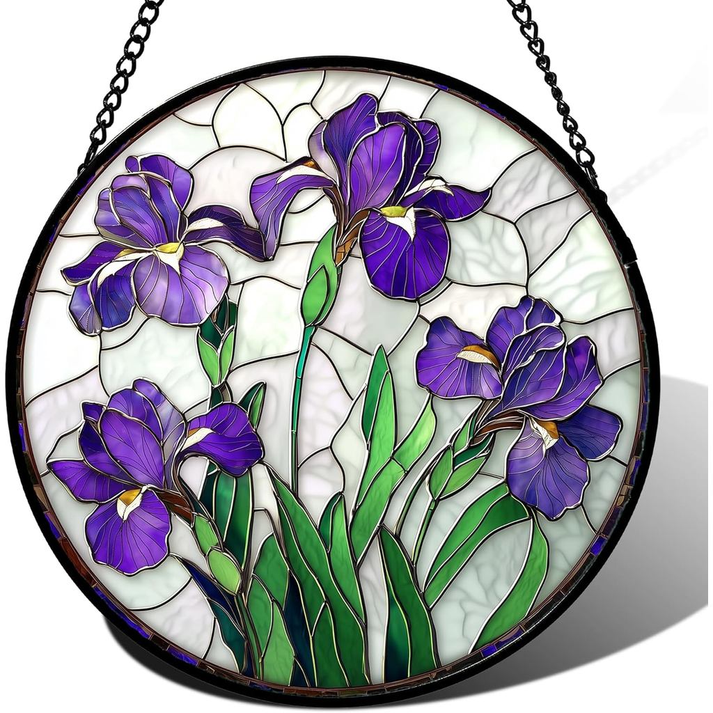 Stained Glass Window Hanging - Purple Iris Flower Sun Catcher for Door Terrace Garden Home Decor, Green Plants Suncatche