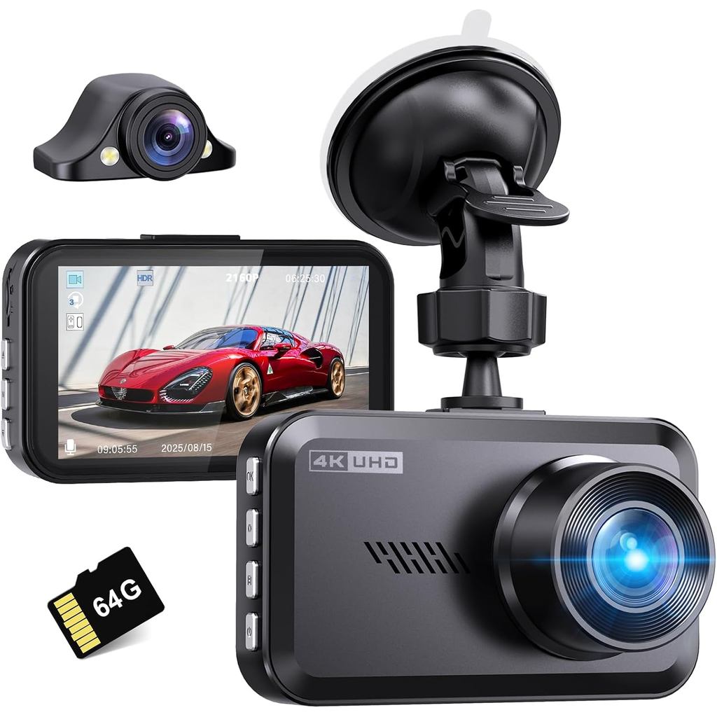 Câmera Veicular Miden 4K+2.5K Frontal e Traseira, Cartão SD de 64GB Grátis, Câmera Veicular Dupla UHD 2160P+1600P para C