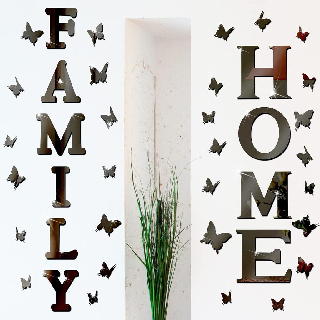 Outus 3D Family Home Sign Letters Living Room Decor Family Rustic Farmhouse Wall Decor Acrylic Mirror Decorative Butterf