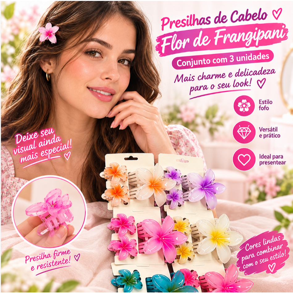 Presilha de Cabelo Flor de Frango 3 Unidades Clipe Decorativo Feminino Para Franja e Penteado