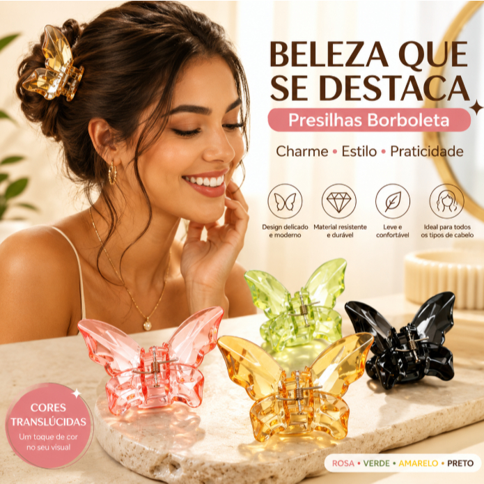 Presilha Borboleta Translúcida Cores Sortidas para Cabelo