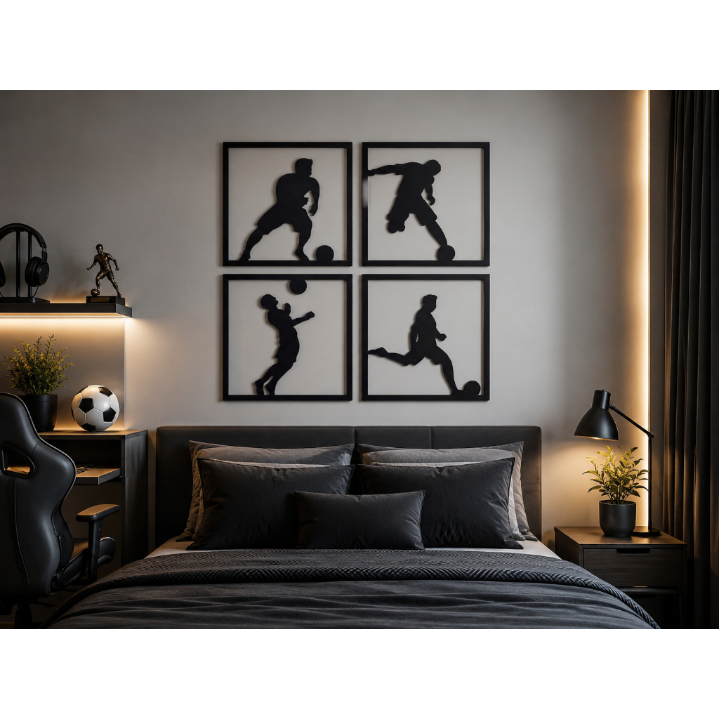 Quadros Futebol Jogadores Kit 4 Peças MDF Preto 3mm Para Quarto Sala Área Gamer Parede