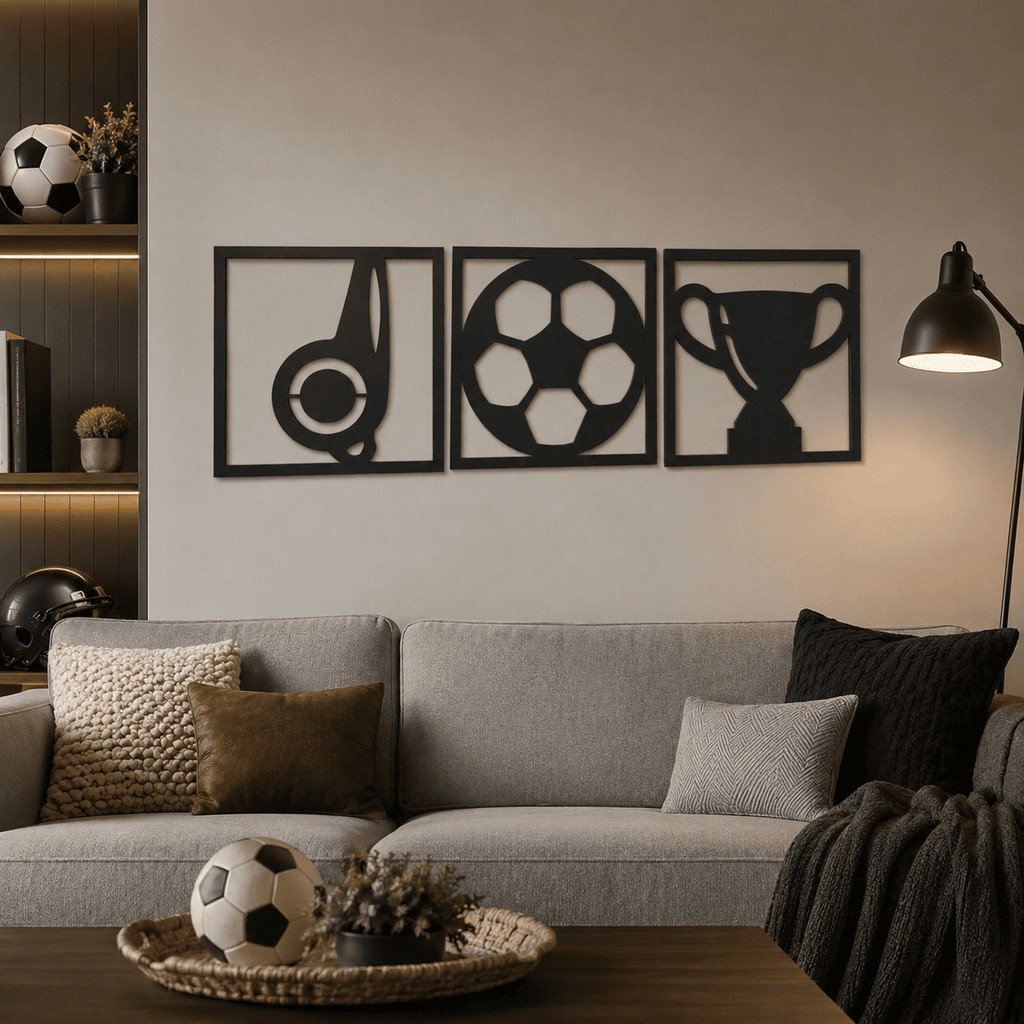 Kit 3 Quadros Futebol MDF Preto 3mm Apito Bola Troféu Para Quarto Sala Escritório Gamer